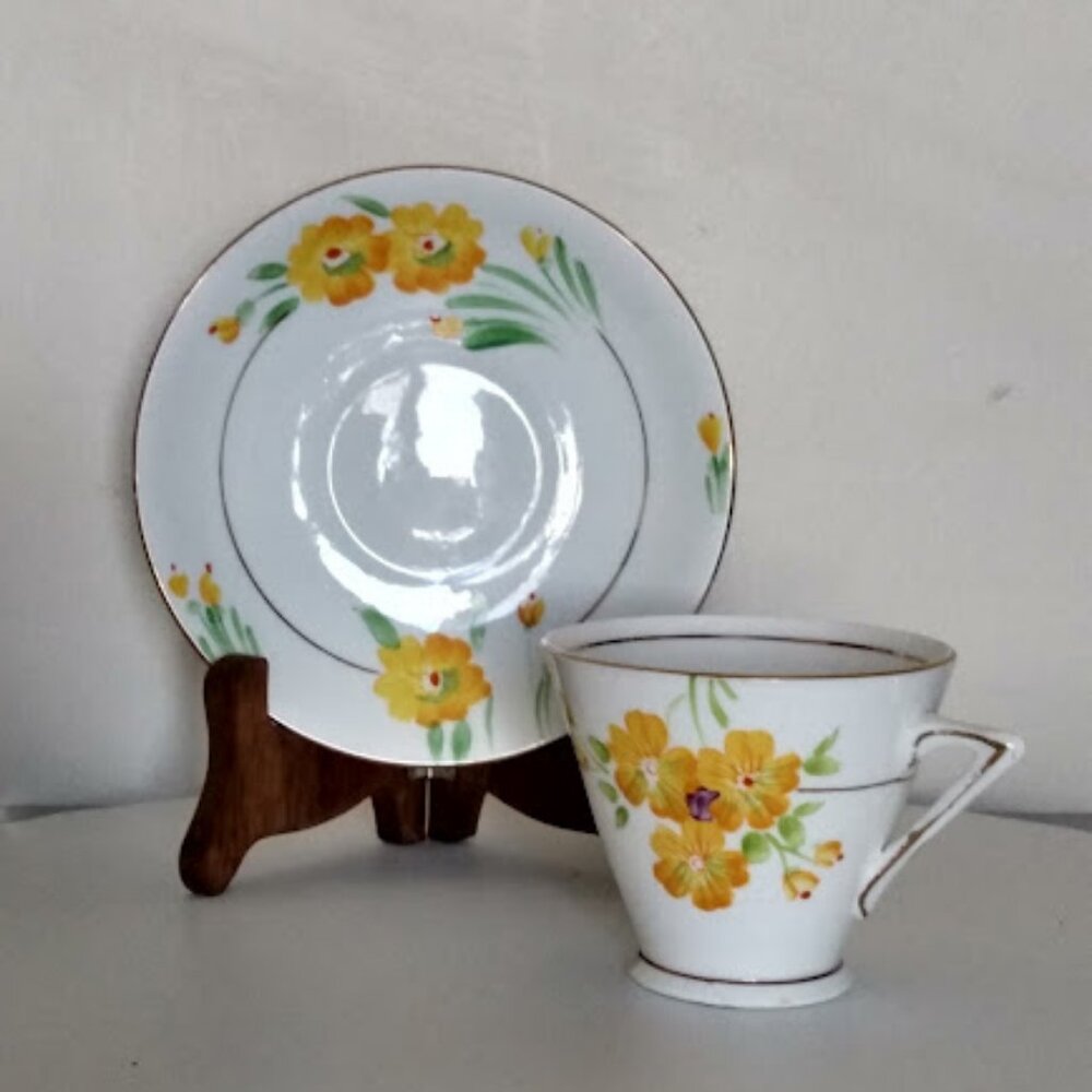T.F. and S. Ltd. Teacup & Saucer Phoenix China Yellow Flowers Gold Accents Made